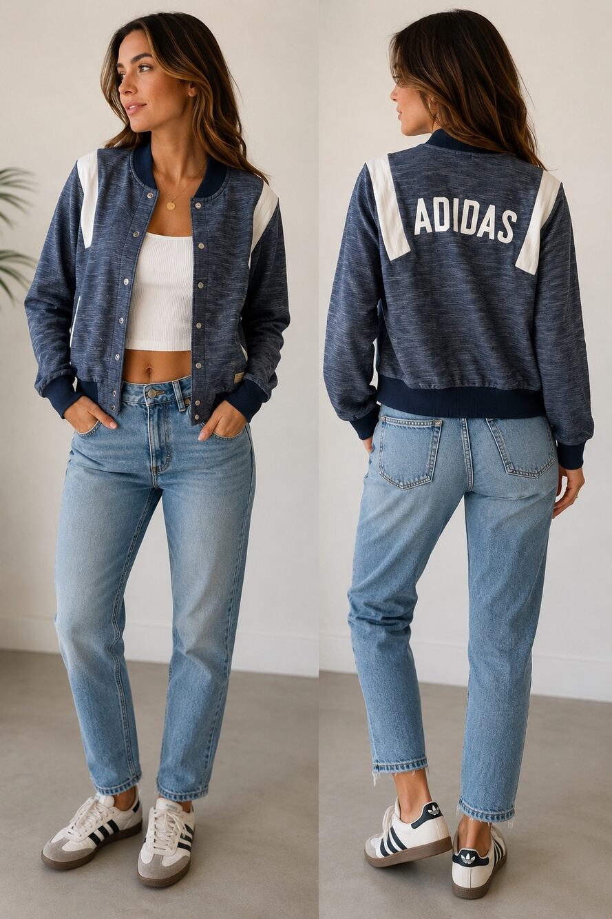 Adidas Blue + White XS Women's Bomber Varsity Jacket with White Accents